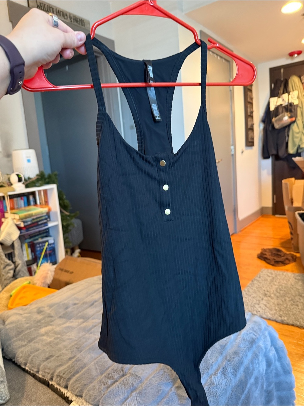 Ribbed Black Tank Bodysuit with Front Snap Placket - Unbranded